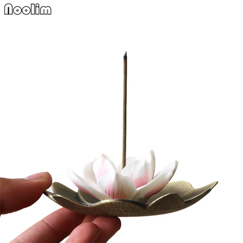 Ceramic Antique Lotus Incense Burner with Copper Incense Base Incense Stick Holder Aromatherapy Censer Home Teahouse Decor