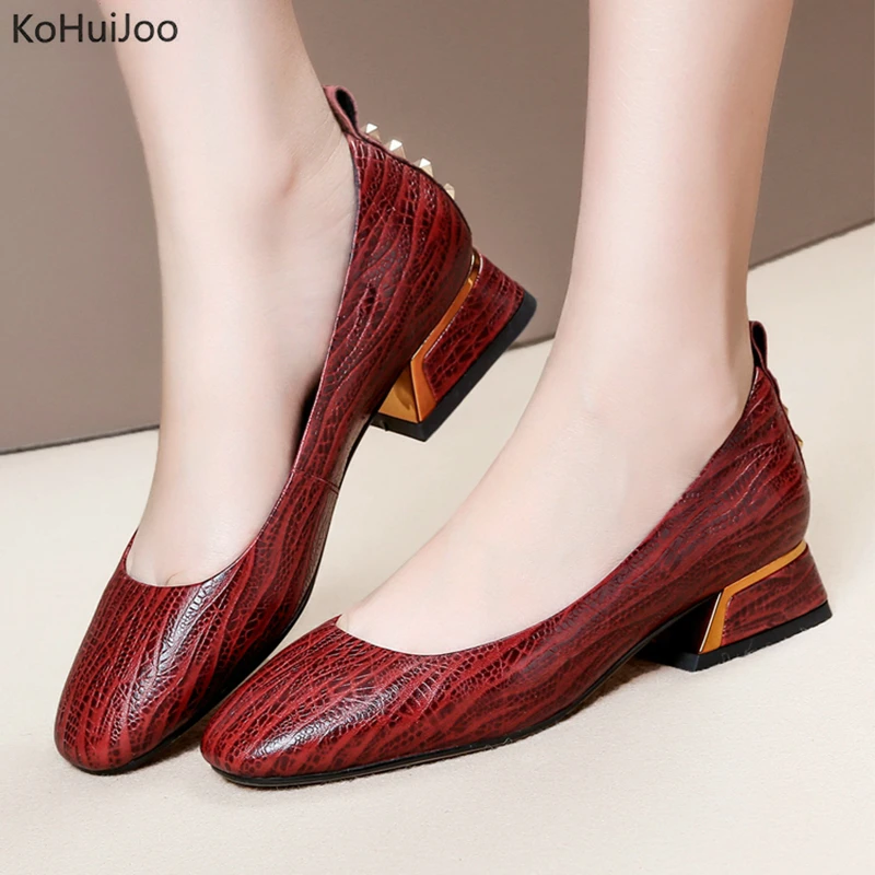 

KoHuiJoo Big Size 34-42 2018 New Fashion High Heels Black Wine-red Women Pumps Square Heel Rivet Ladies Shoes Female Dress Shoes