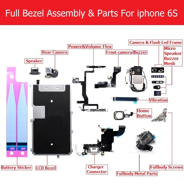 Полный набор ободок в сборе для iPhone 6 6p 6s 6s p Зарядное устройство usb/lcd ободок/камера/динамик/вибрация/винт/кронштейн/зуммер/wifi запчасти