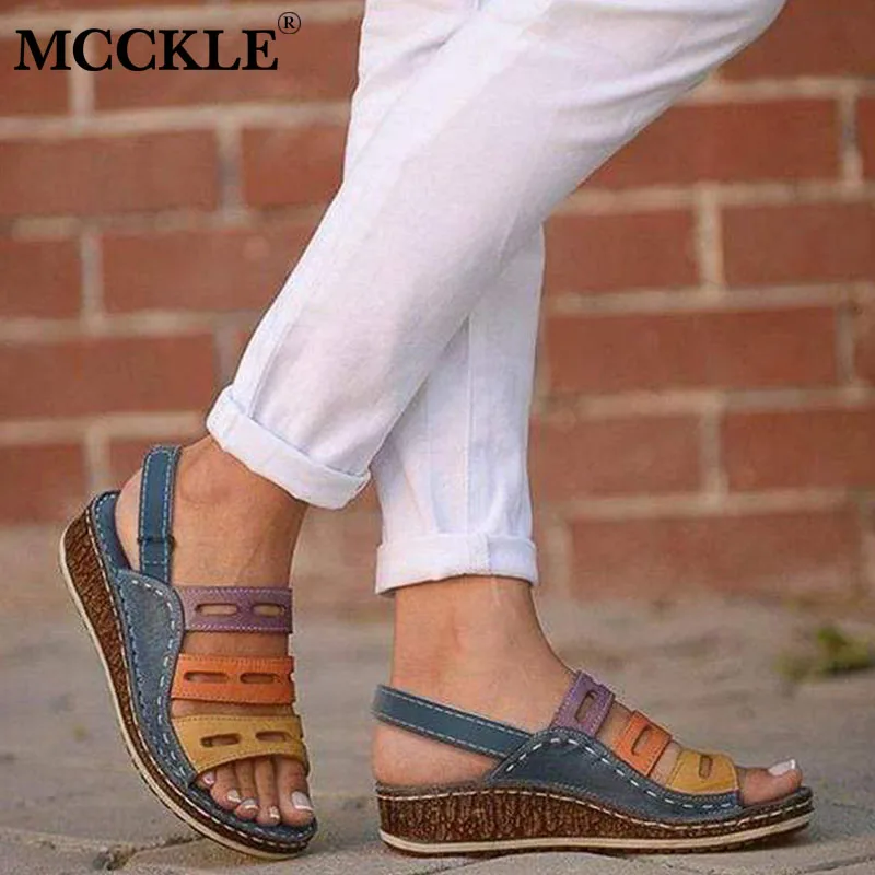 

MCCKLE Summer Women Sandals Ladies Soft Sewing Hollow Out Wedges Stitching PU Open Toe Fashion Female Cork Platform Shoes