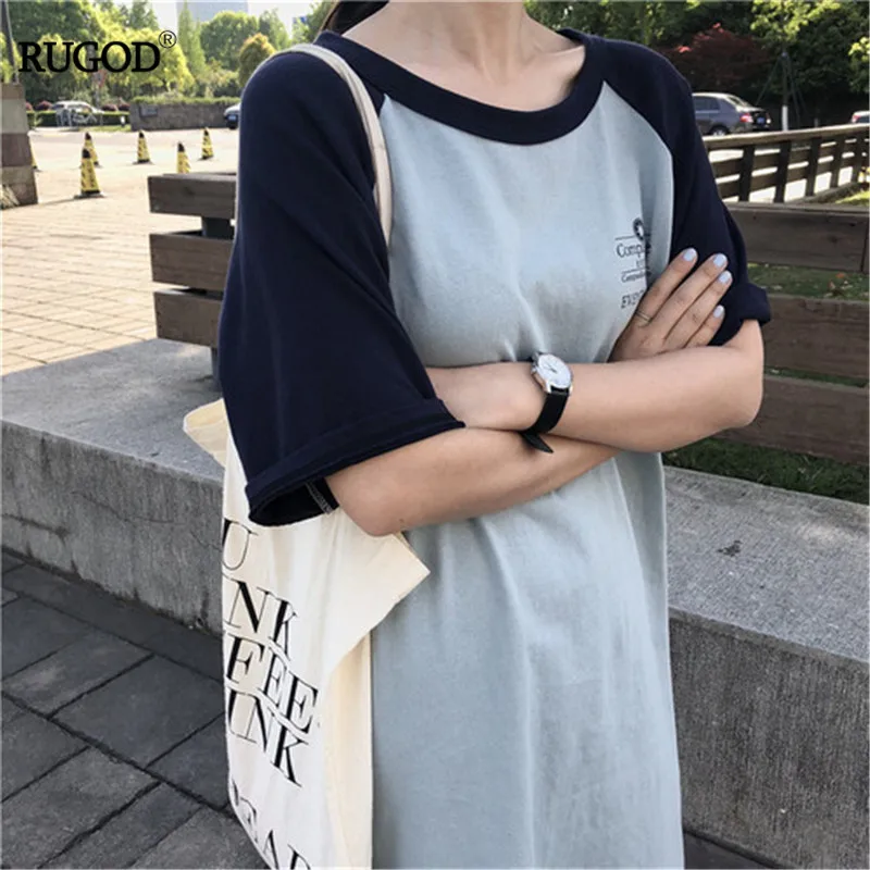 RUGOD/ Летняя женская футболка до колена с круглым вырезом и коротким рукавом, корейский узор контрастные цвета с надписью, топ в консервативном стиле, хлопок
