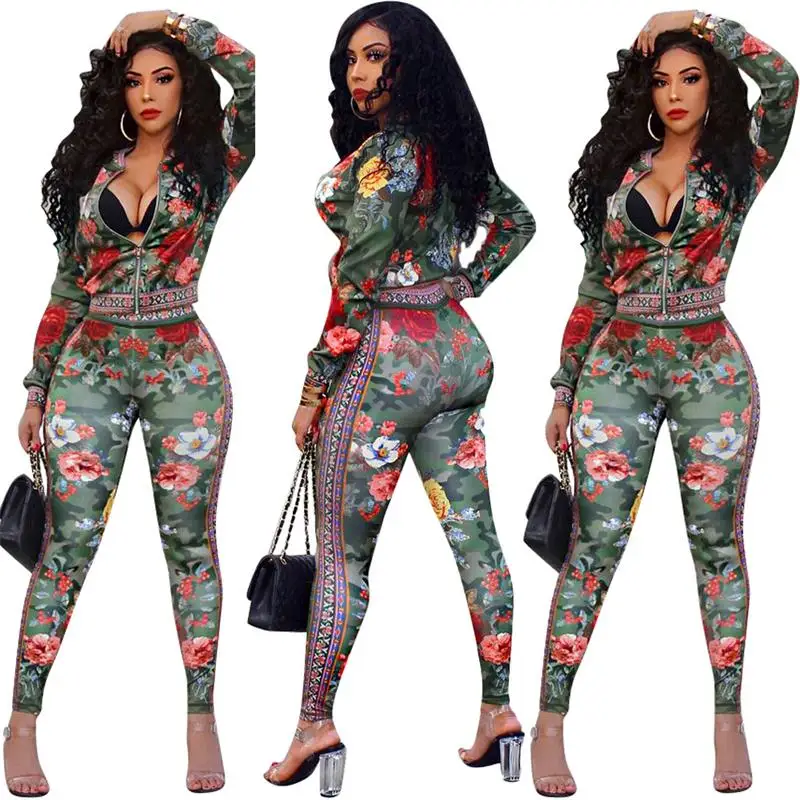 

women fashion Multicolor printing long sleeve zip open jackets pencil long pants two pieces sets sporting tracksuits overalls