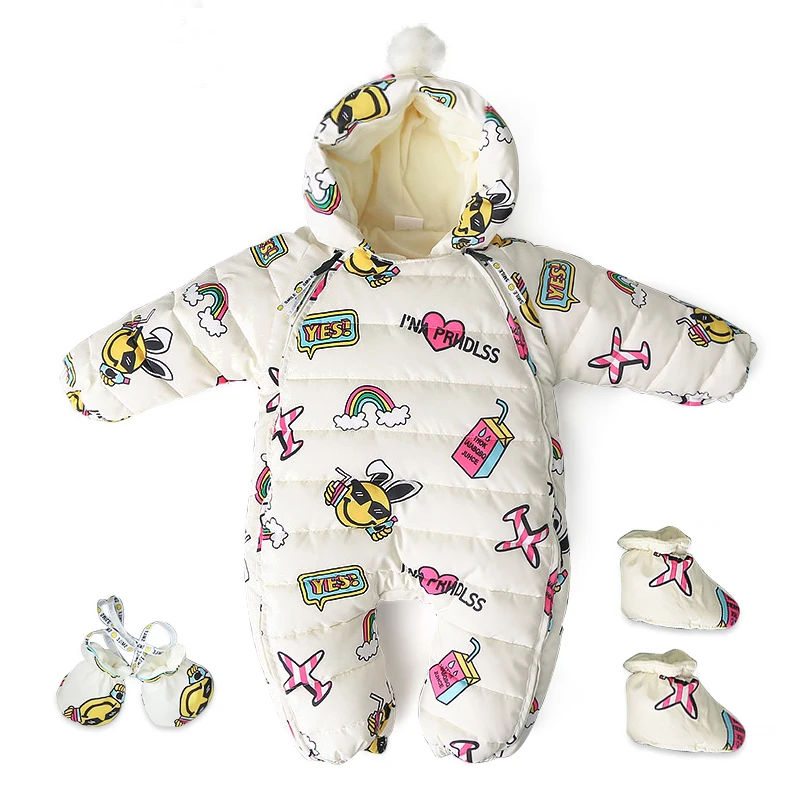 

2019 Winter Graffiti Hooded Thick Rompers With Gloves Boots Fleece Lining Baby Jumpsuit Kids Down Cotton Overalls newborn Romper