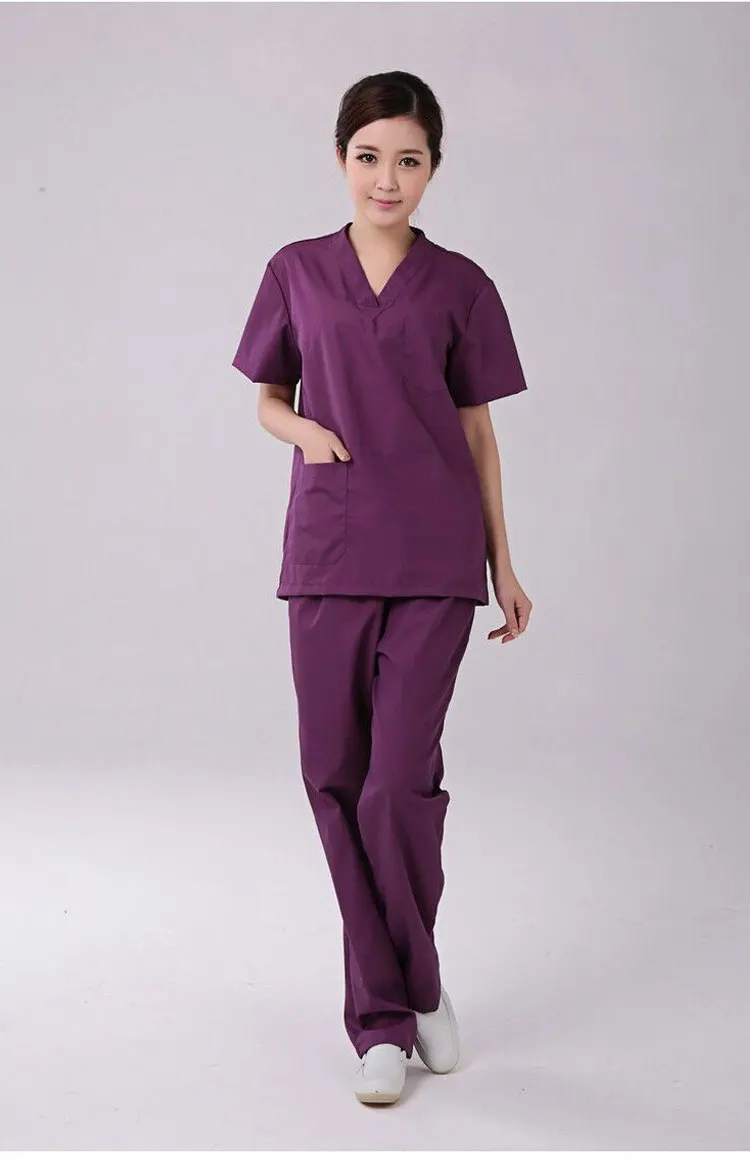 Медицинская хирургическая одежда для женщин летние с коротким рукавом Хлопок Свободный сплит набор кистей Униформа Фиолетовый Синий темно зеленый - Цвет: Фиолетовый