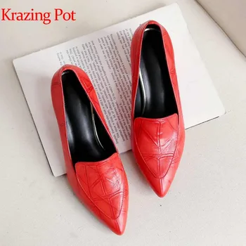 

Krazing pot new sheep skin patterns leather Autumn dinner party slip on dailywear pointed toe wedding high heels brand shoes L12