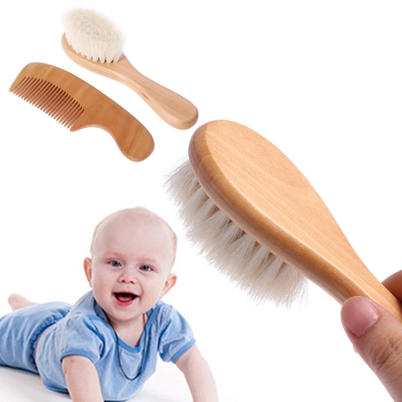 Натуральная шерсть Массажная головка для волос с деревянной ручкой, шерсть, комплект для ухода за новорожденными детей, 1 комплект, Детская