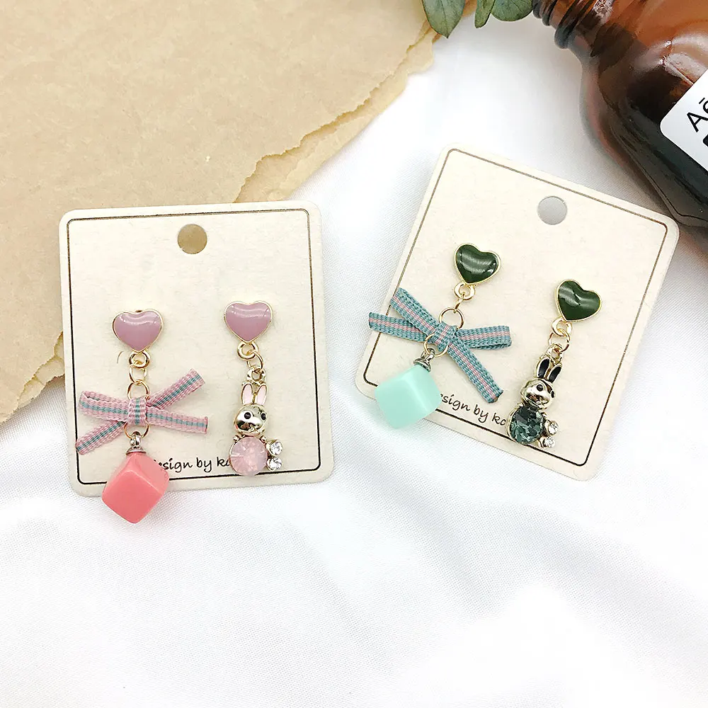 

2018 New Arrival Korea Fashion Cute Crystal Rabbit Drop Earring Knot Bow with Jelly Bead Asymmetric High Quality Heart Earrings