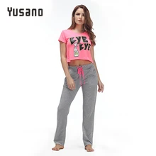 Yusano pajams хлопок зеленый розовый пижамы с круглым вырезом короткий рукав открытым пупком топ и Кружева-Up Длинные Брюки Ночное повседневный костюм