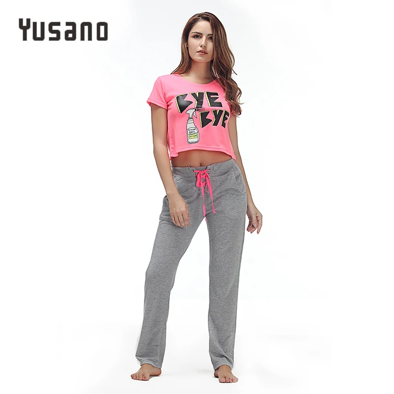 

Yusano 2017 Pajams Cotton Green Pink Sleepwear O neck Short Sleeve Exposed Navel Top&Lace-up Long Pants Nightwear Casual Costume