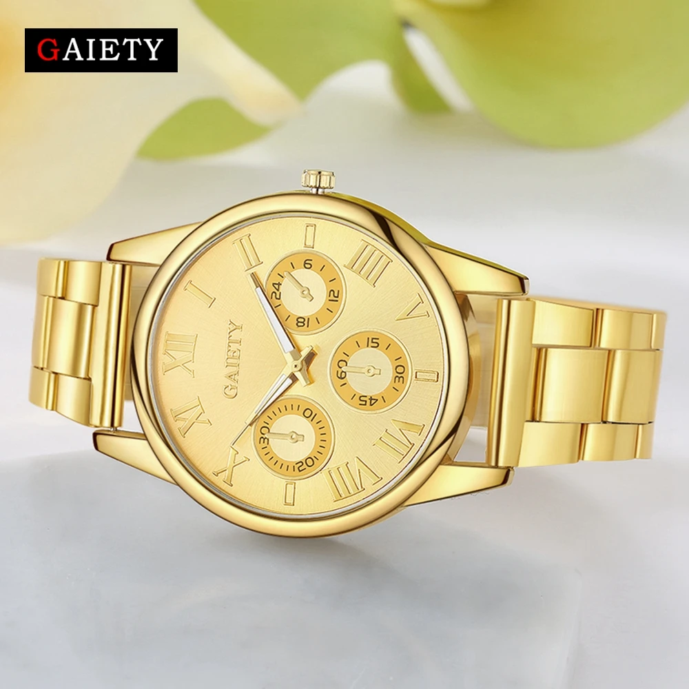 Роскошные модные золотые кварцевые Стальные часы для женщин веселые Брендовые