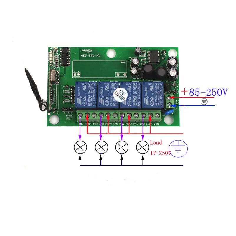 110V 220V 240V 4CH RF Wireless Remote Relay Switch Receiver Security Garage Doors Lamps 85-250V Switch Remote Control (5)