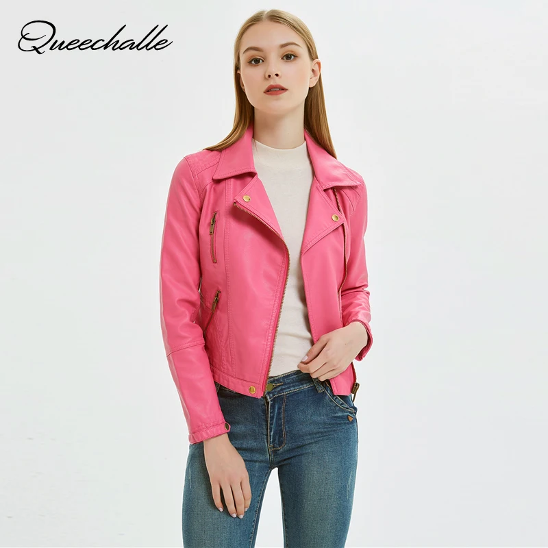 Goede Queechalle Herfst Basic Jas Vrouwelijke Toevallige PU Leren Jas Vrouwen Klassieke Rits Korte Motorjacks Zwart Perzik Roze