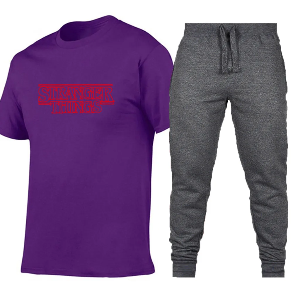 

Hot 2019 STRANGER THINGS Print Men's Sets T Shirts+pants Two Pieces Sets Casual Tracksuit Male Female Tshirt Fitness trousers