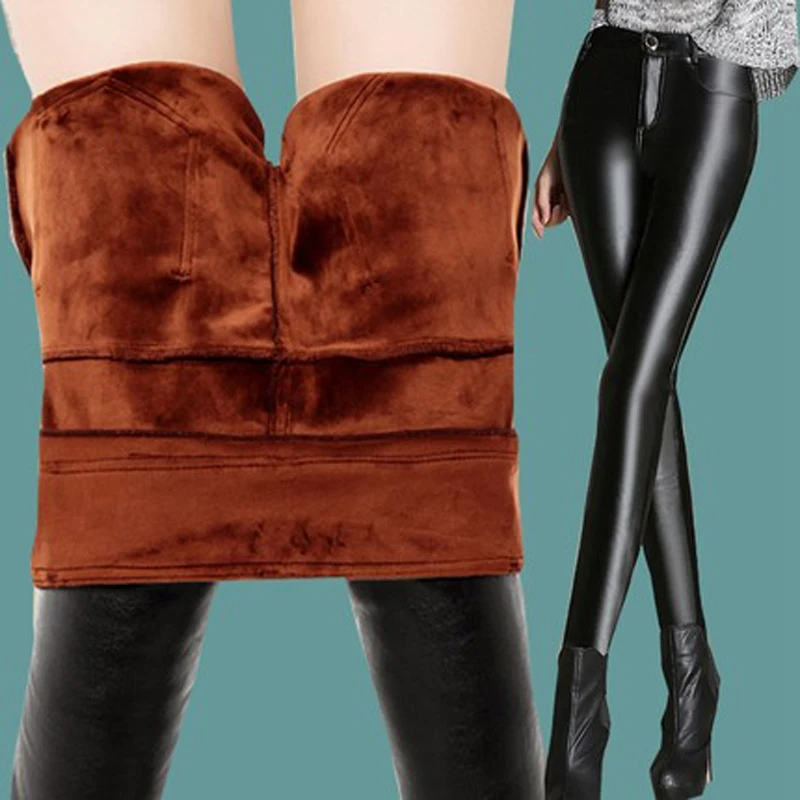

Xisteps High Waist Warm Gold Thick Velvet Elastic Women Pu Leather Pencil Pants Female Winter High Stretch Skinny Long Trousers