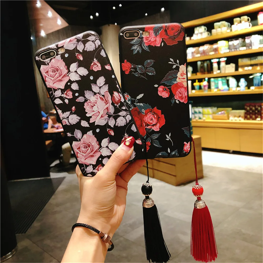 Fashion Flower Silicone Phone Case for IPhone 7 Retro 3D Rose Leaves Tassel X 5 5S 6 6S 8 Plus Cover Fundas |