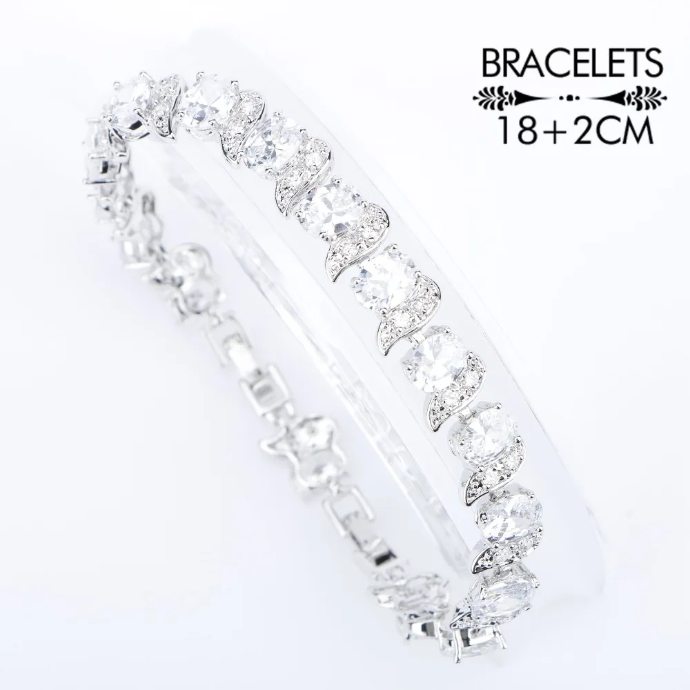Свадебные Серебряные Ювелирные наборы 925 из белого циркония, женские браслеты, серьги, кольца с камнями, кулон и ожерелье, подарочная коробка