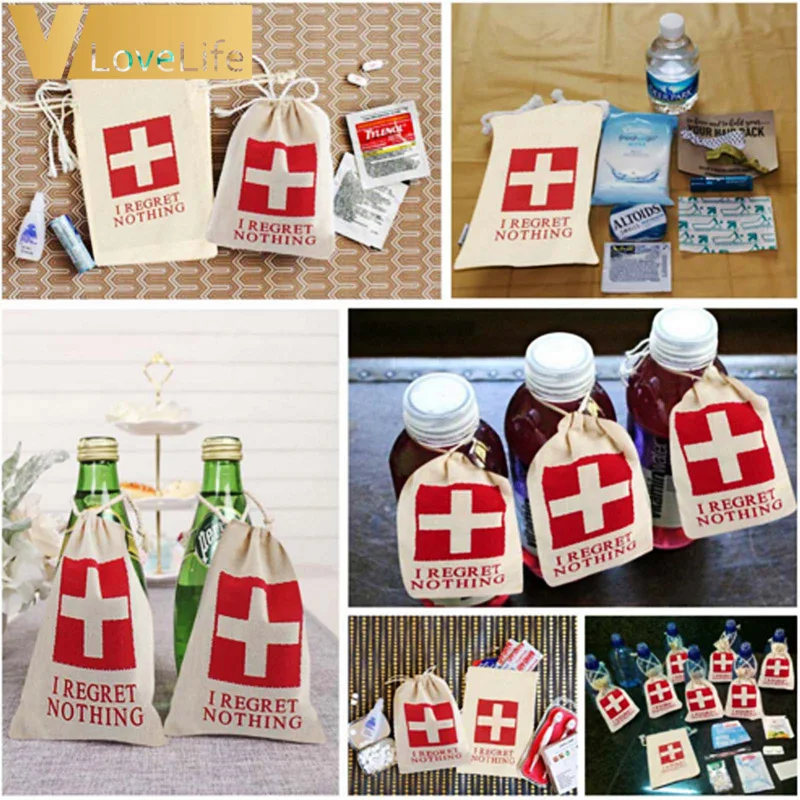 

12pcs Cotton Bachelorette Party Hangover Kit Bag 10cm x 15cm Wedding Favors Bags I Regret Nothing Decoration Supplies