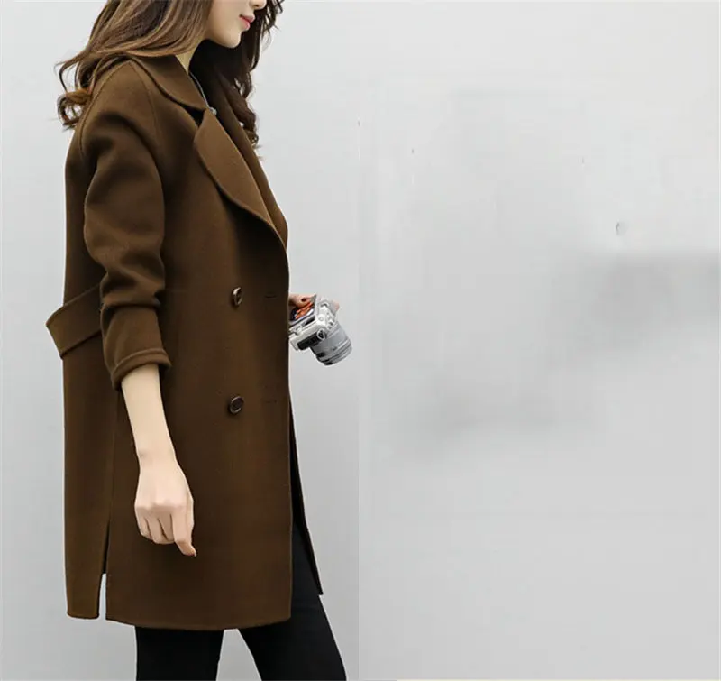 Осень Зима Новое женское двубортное шерстяное пальто длинный рукав отложной воротник Женская длинная теплая шерстяная куртка LQ224