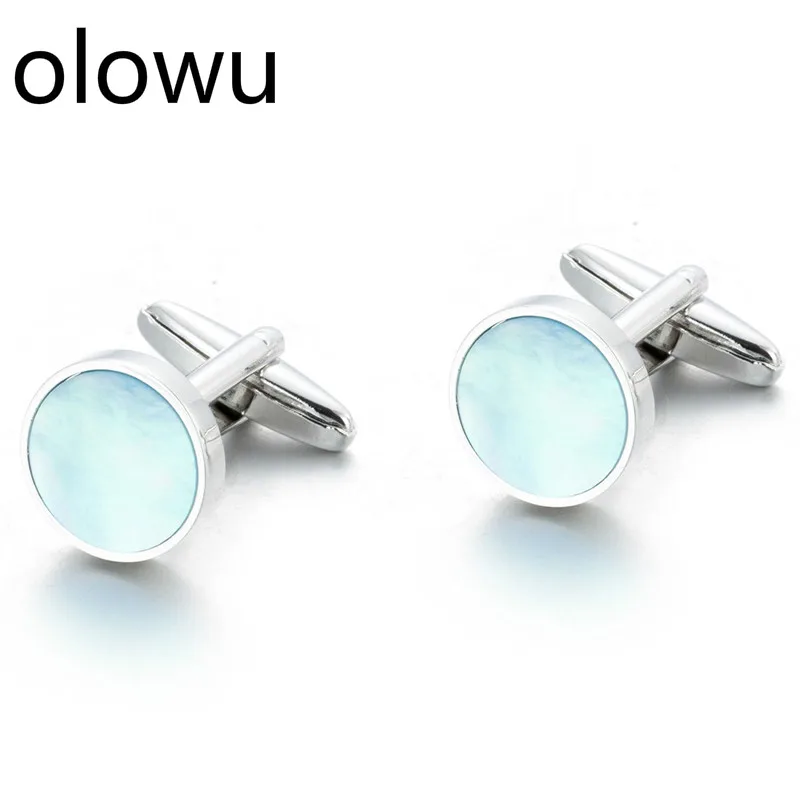 

olowu Cufflinks For Men's Gift Silver Color Natural Blue Sea Shell Mens Cuff Link Luxury Gift For Party Wedding Shirt Cufflinks