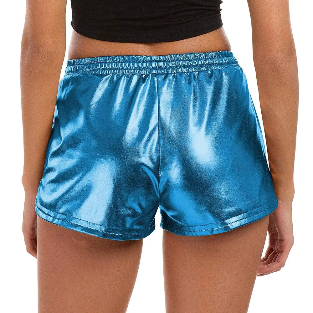 Модные Женские однотонные спортивные шорты с высокой талией блестящие металлические женские горячие продажи свободные летние