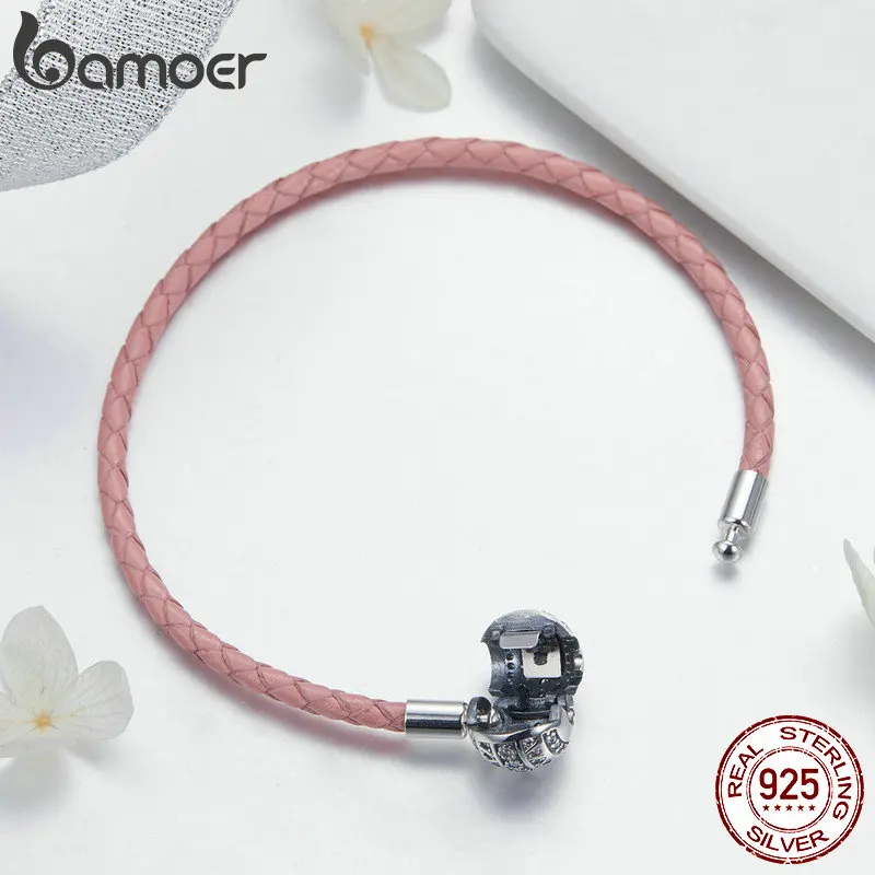 Cheap BAMOER Genuine 925 Sterling Silver Round Clasp Dazzling Clear CZ Leather Bracelets for Women Sterling Silver Jewelry SCB114