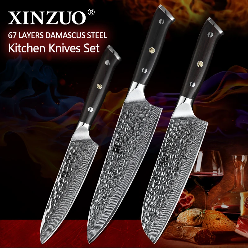 XINZUO 3 Pcs Kitchen Knives Set vg10 Damascus Steel Stainless Steel Pro Chef Cleaver Santoku Utilit - 32498854952