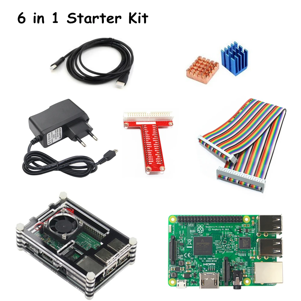 

Raspberry Pi 3 Model B Starter Kit Pi 3+Acrylic Case with Cooling fan + 2.5A Power Supply+GPIO Adapter+HDMI Cable+Heat sink