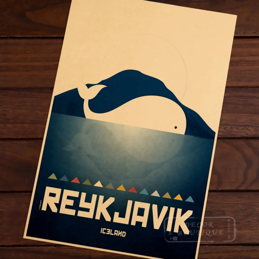 

Iceland cityscape. Reykjavik skyline whale anime Art Vintage Retro Canvas Frame Poster DIY Wall Home Posters Home Decor Gift