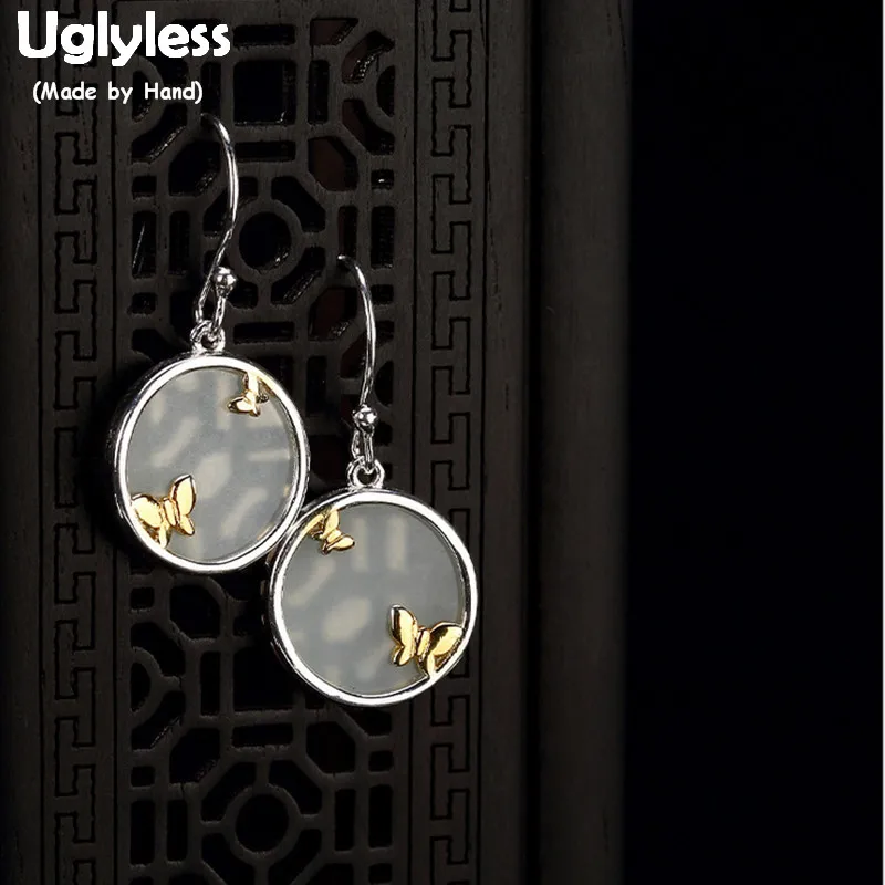 Uglyless Real 925 Sterling Silver Round Dangle Earrings Women Ethnic Butterfly Earrings Gemstone Natural White Jade Fine Jewelry Uglyless Real 925 Sterling Silver Round Dangle Earrings Women Ethnic Butterfly Earrings Gemstone Natural White Jade Fine Jewelry