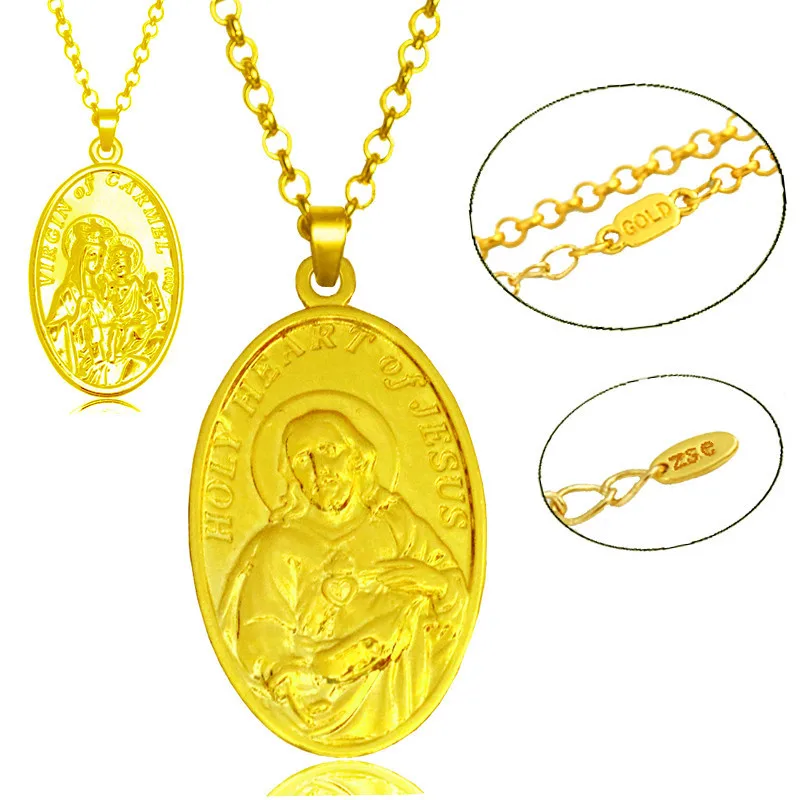 Download Vintage Jesus Figure Pendant Necklace Virgin Mary Gold color Chain Antique Carved Coin Jewelry ...