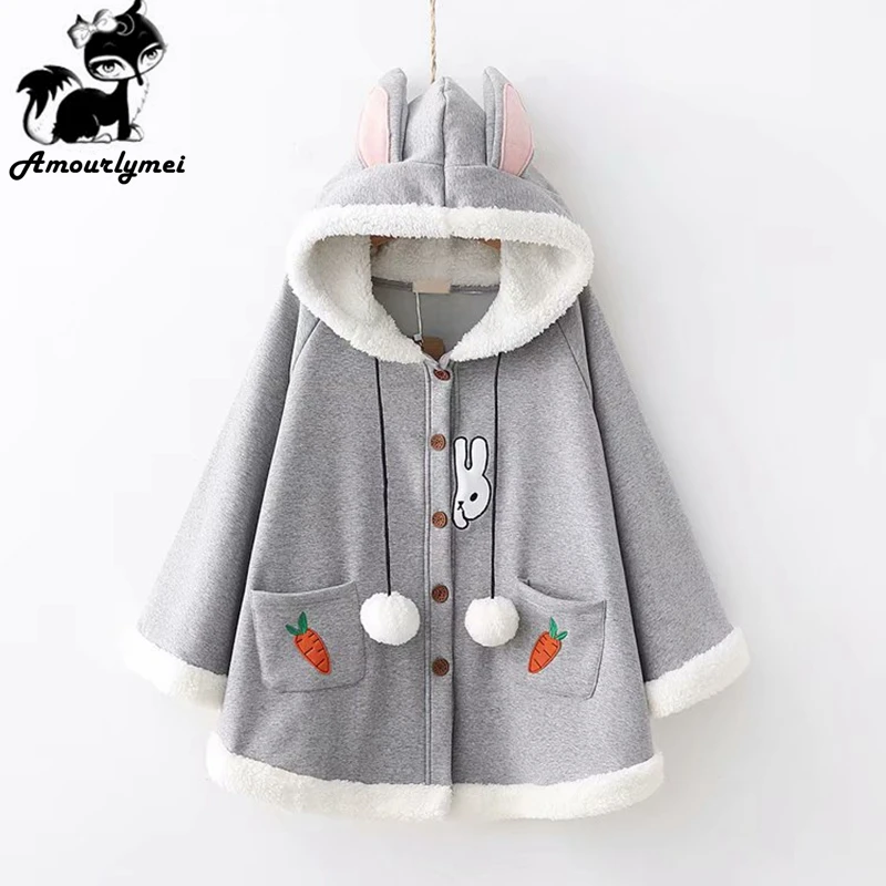 Animé Lapin Veste Fille Cape Casual Lâche Manteau Mori Chaud Mignon Oreille À Bleu Japonais Survêtement marine De D'hiver gris rose Coton Dessin Beige Femmes Capuchon 0qZr0v
