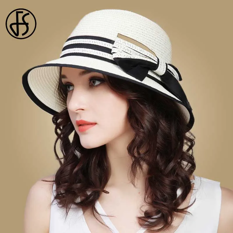 

FS Straw Hats For Women Summer Beach Sun Hat Wide Brim Ladies 2019 Girl Outdoor Travel Cap Casual Bow Boater Hat With Ribbon
