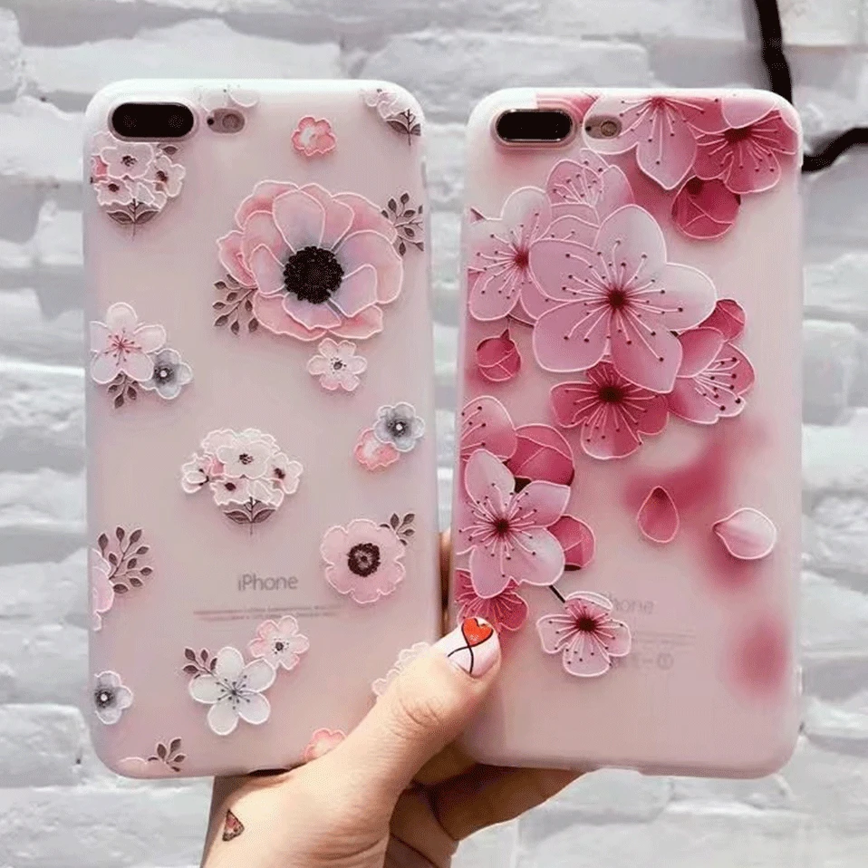 Мягкий 3D цветок телефон чехол для iPhone 6 S 7 8 Plus рельефные вишневые цветы