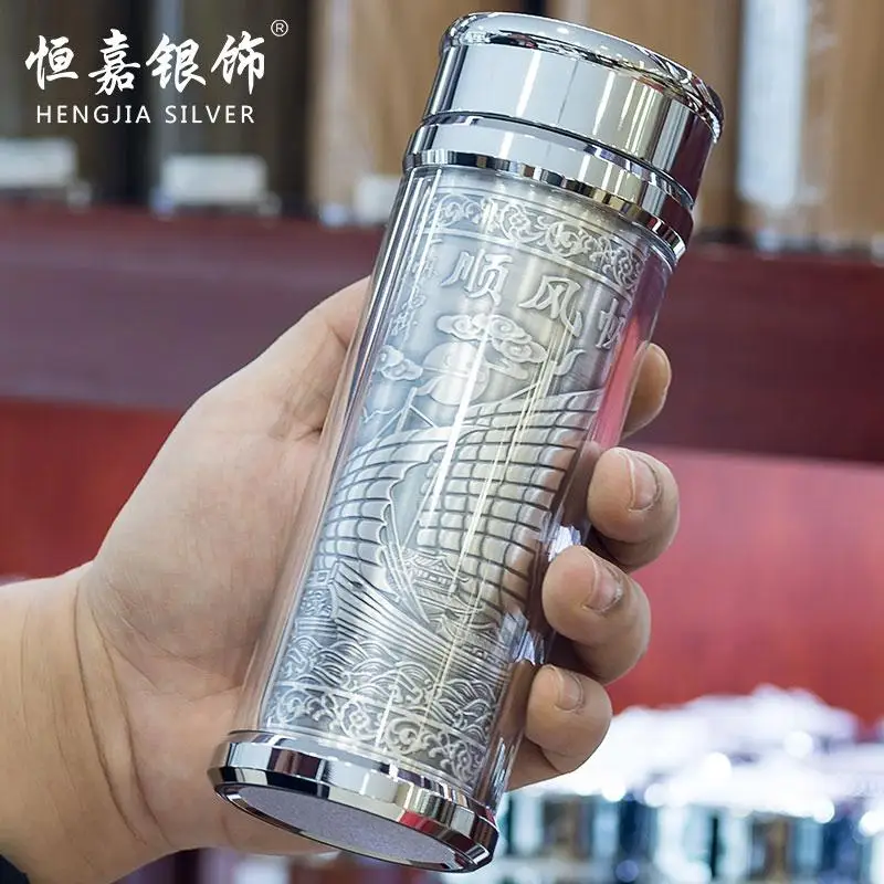 Чистый серебряный термос, 350 мл чистого серебра переносной термос кофе путешествия кунг-фу чай чашка вода для очищения качества - Цвет: Silver weight 60g