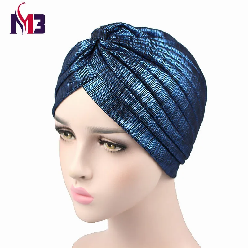 Роскошные новые женские Тюрбан повязка на голову Donna Bonnet cap Мягкая дышащая сетка Блестящий хиджаб мусульманский тюрбан Beanie Hat Turbante для женщин - Цвет: Синий