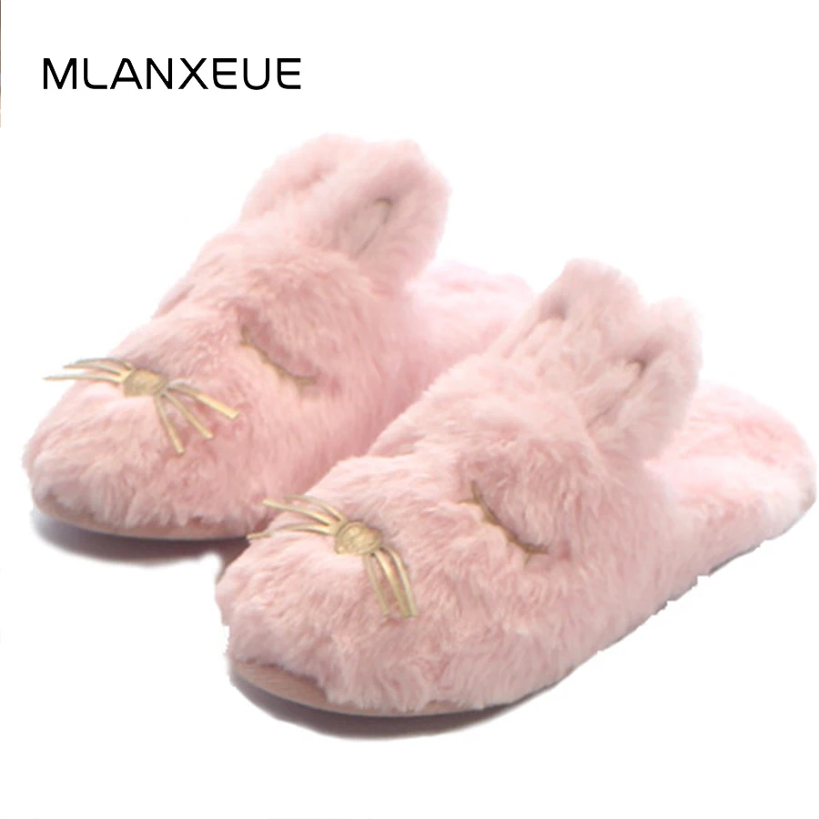 

MLANXEUE New Plush Rabbit Women Cotton Slippers Winter Cartoon Rabbit Lady Slippers Shoes Women Warm Slip On Home Slippers 2018