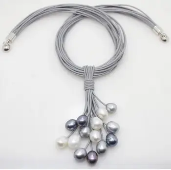 

Natural Hot sale wholesale >>12mm Real White Black Gray Freshwater Pearl Necklace Leather Cord Magnet Clasp