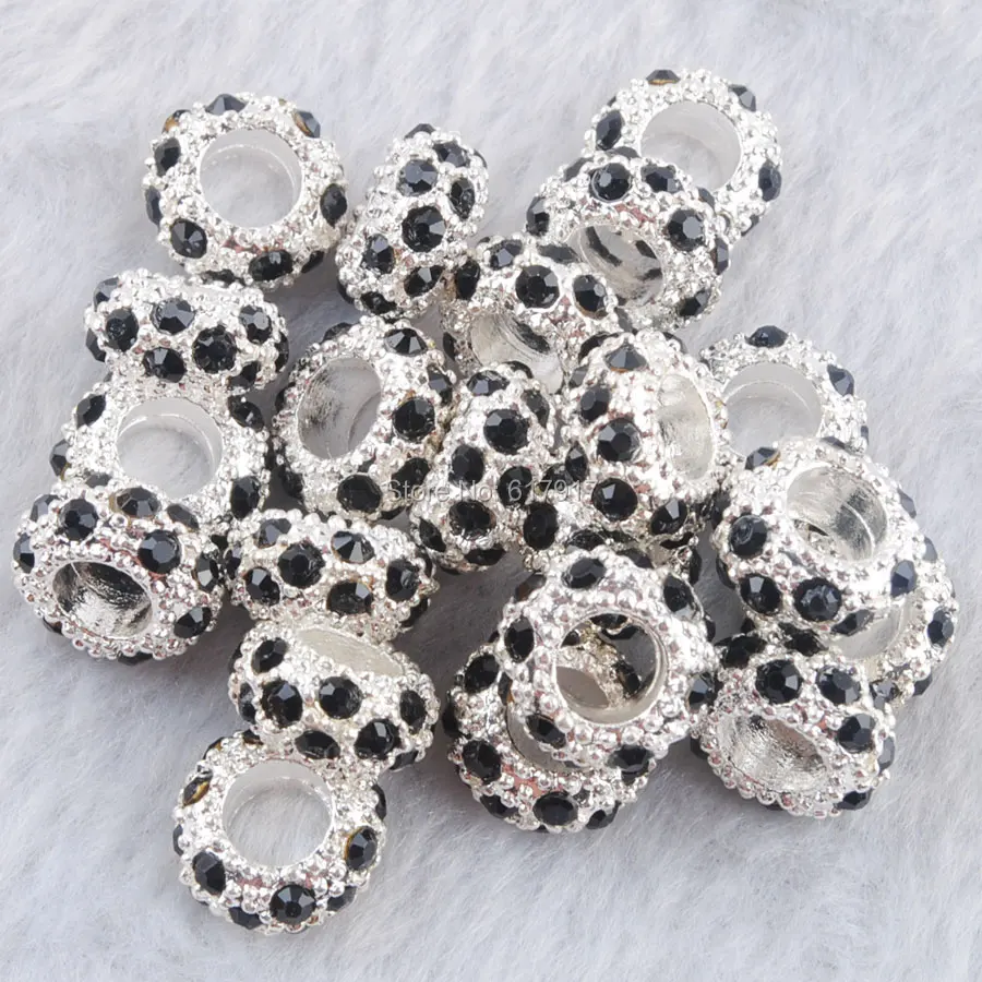 New Big Hole Black Crystal Rhinestone Round Rondelle Charm Spacer Beads Fit European Bracelet