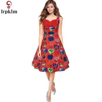 

2020 Womens Autumn Elegant Vintage Retro Red Halloween Theme Print Casual Party A Line Sleeveless S-XXL Vestidos Dress YY663