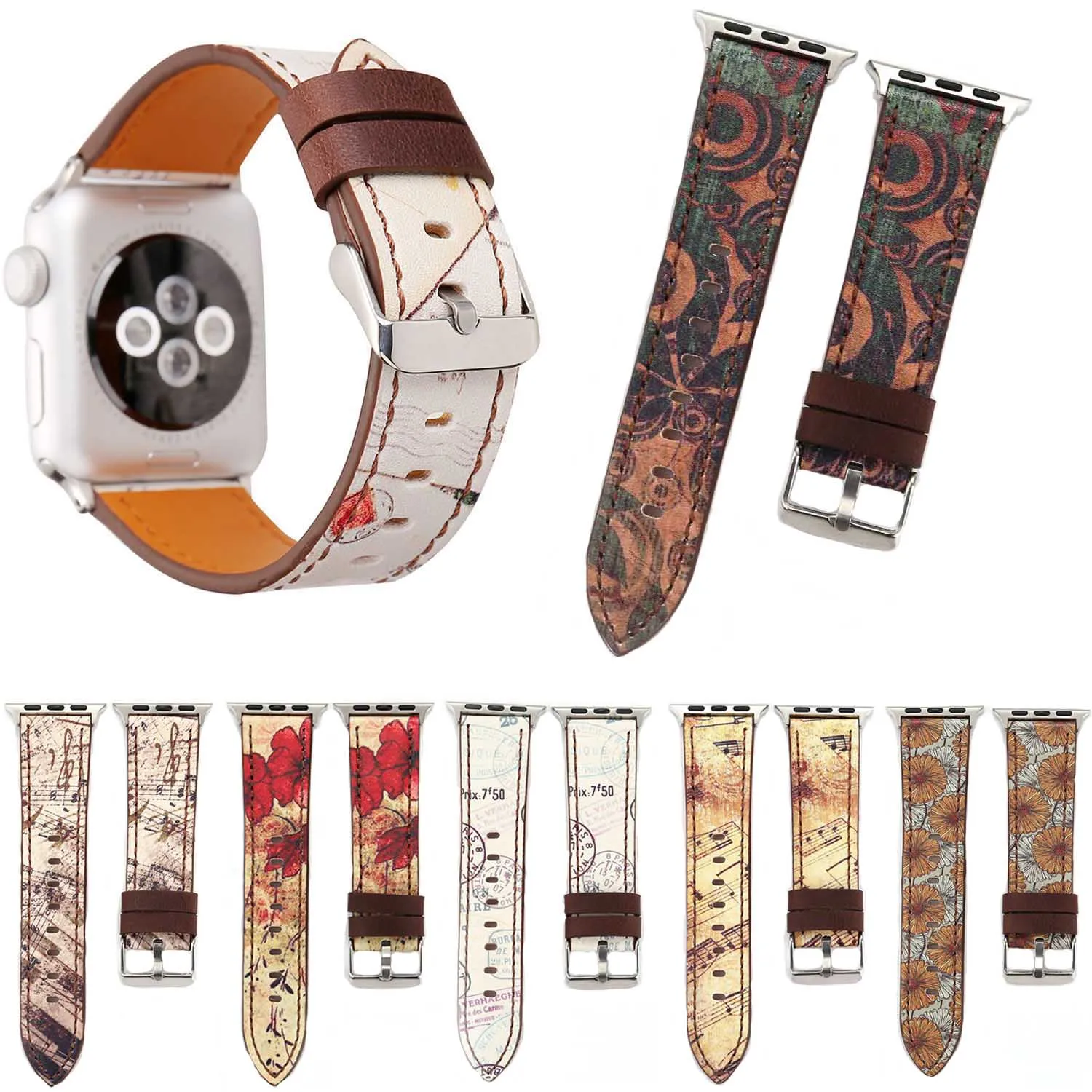 

Vintage Floral Leather Band for Apple Watch Series 5 4 3 2 1 Wristband Musical Note Strap for iWatch 38 40 42 44mm Bracelet Belt