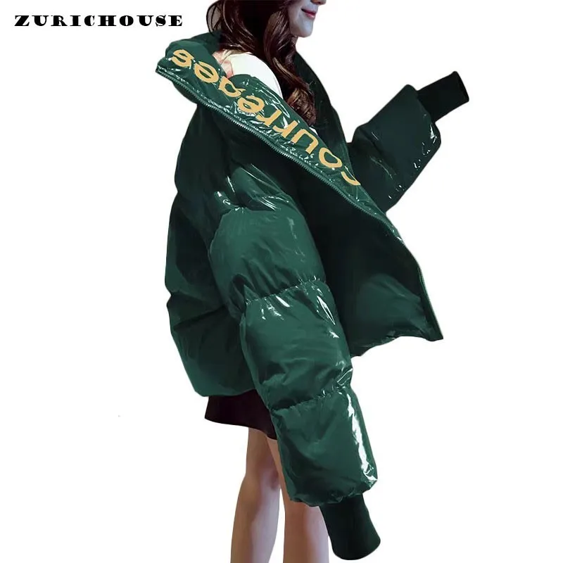 

ZURICHOUSE 2019 Parkas Women Letter Embroidery Turtleneck Winter Jacket Short Padded Coats Female Bright Surface Puffer Jacket