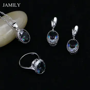 

JAMILY 925 Sterling Silver Jewelry Sets Mystic Rainbow Fire Cubic Zirconia Beads For Women Earrings/Pendant/Ring/Necklace Set