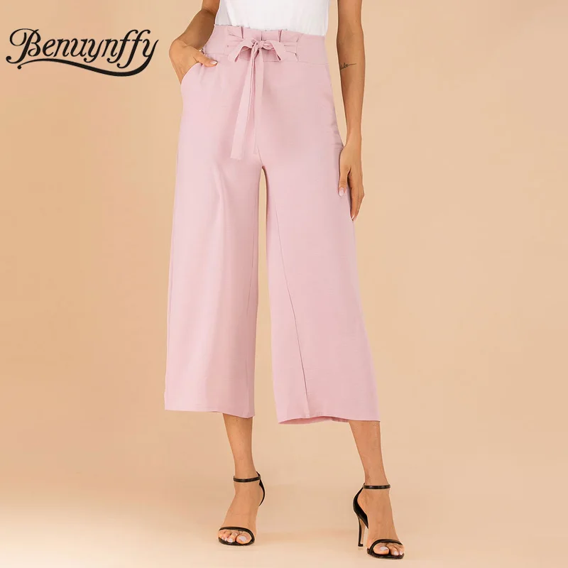 

Benuynffy Trousers for Women 2019 Summer Office Lady High Waist Pants Pink Elegant Workwear Women Straight Pants With Pocket