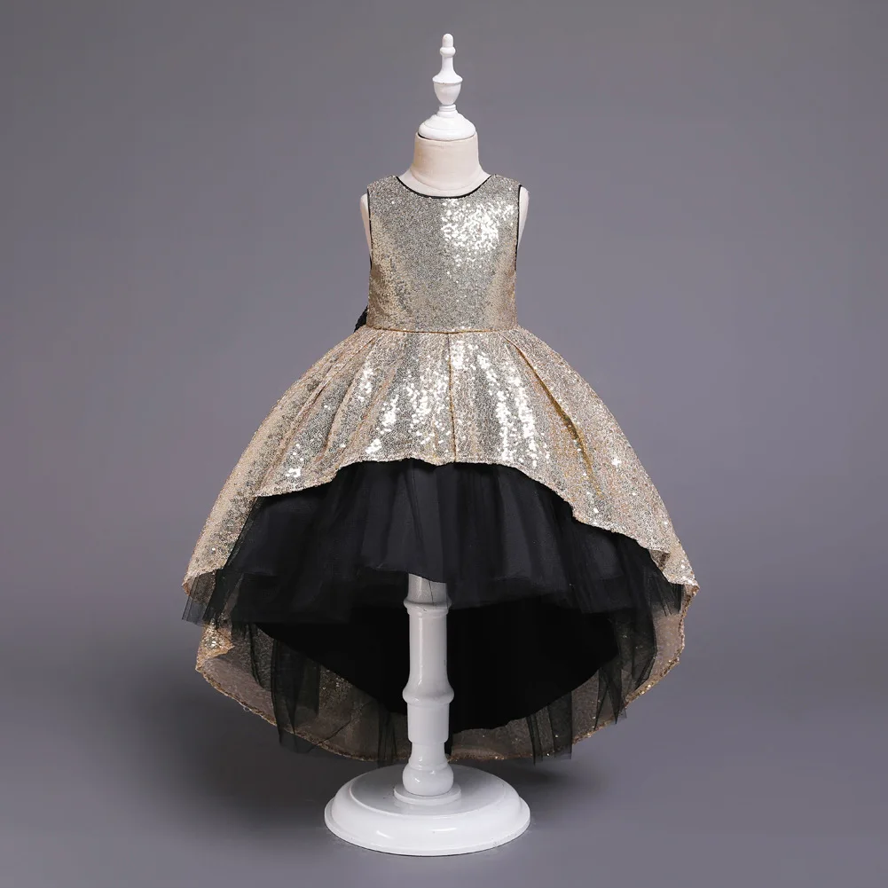 

New Arrival Flower Girls Dress Kids Sleeveless Gold Sequin with Black Tulle Trailing Dress Formal Performance Girls Clothing