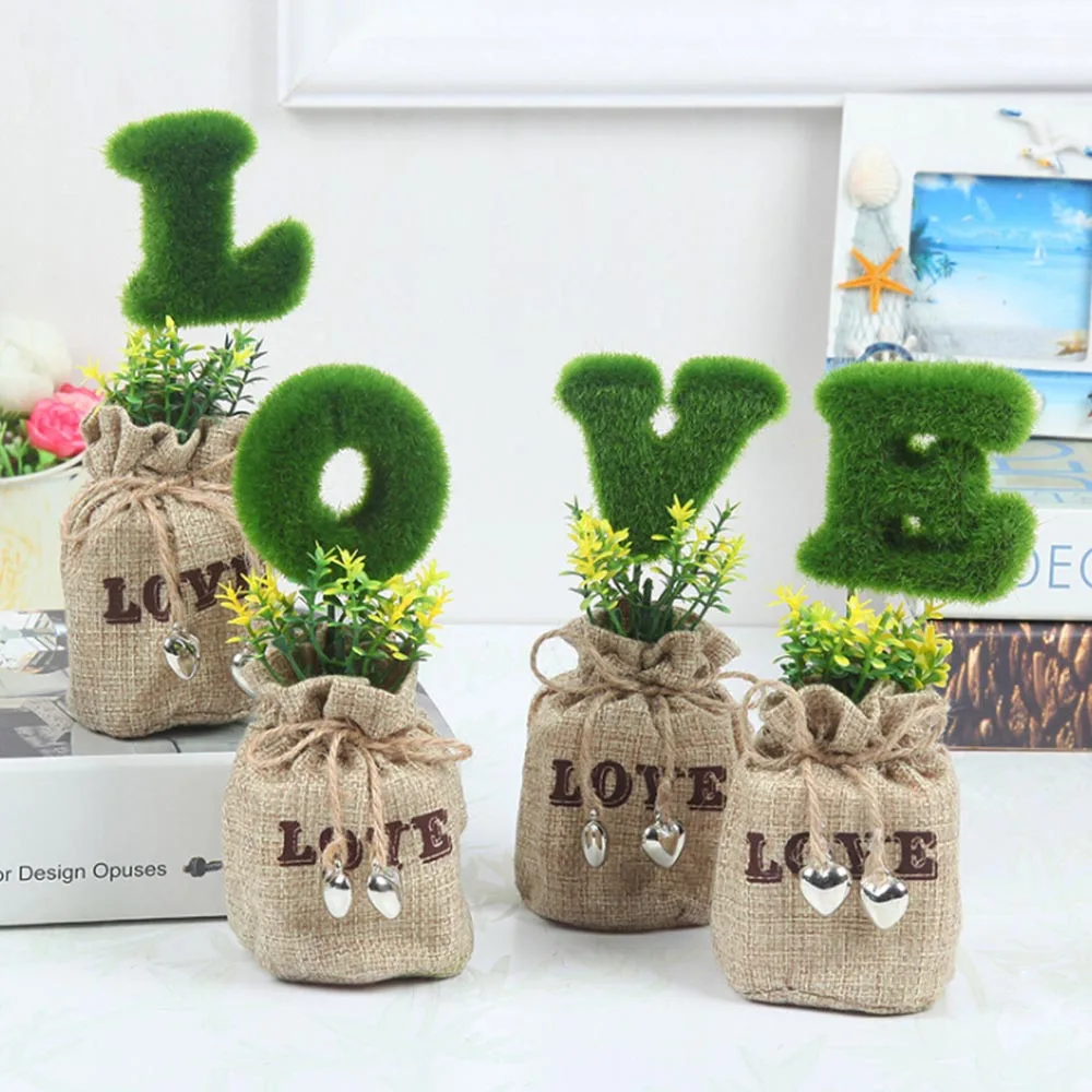 

4 Pieces LOVE Artificial Moss Bonsai Mini Pot Green Plant Letter Miniatures Ornament DIY Wedding Decor Valentine's Day Gift