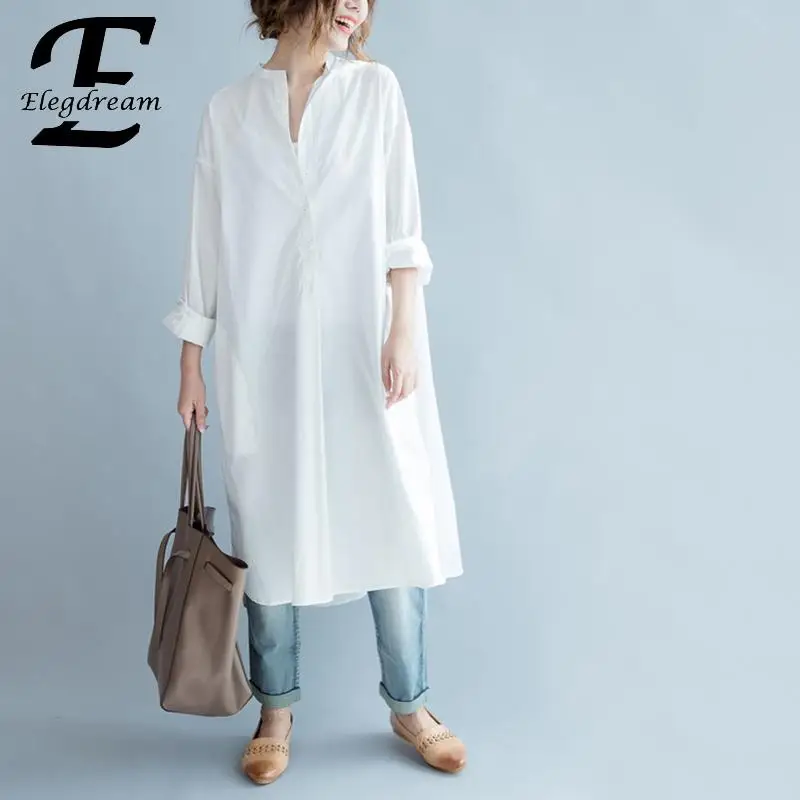 Женская офисная блузка Elegdream однотонная белая с длинным рукавом повседневная