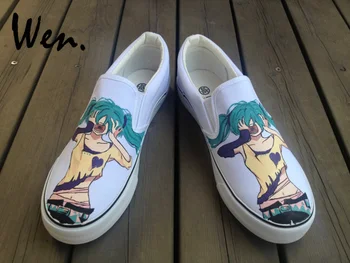 

Wen Hand Painted Canvas Skateboarding Shoes Design Anime Hatsune Miku Vocaloid Slip On Sneakers for Boys Girls's Birthday Gifts