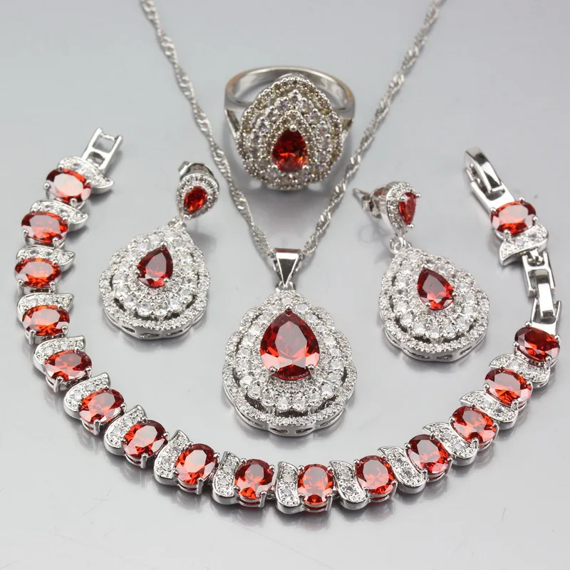 

Luxurious 925 Sterling Silver Water Drop Red Garnet White Crystal Jewelry Sets Earrings Pendant Necklace Bracelet Ring