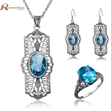 Индийские свадебные украшения комплекты Винтаж овальный синий камень Soild 925 пробы свадебные туфли серебристого цвета, с украшением в виде кристаллов Комплект украшений кулон/серьги/кольцо