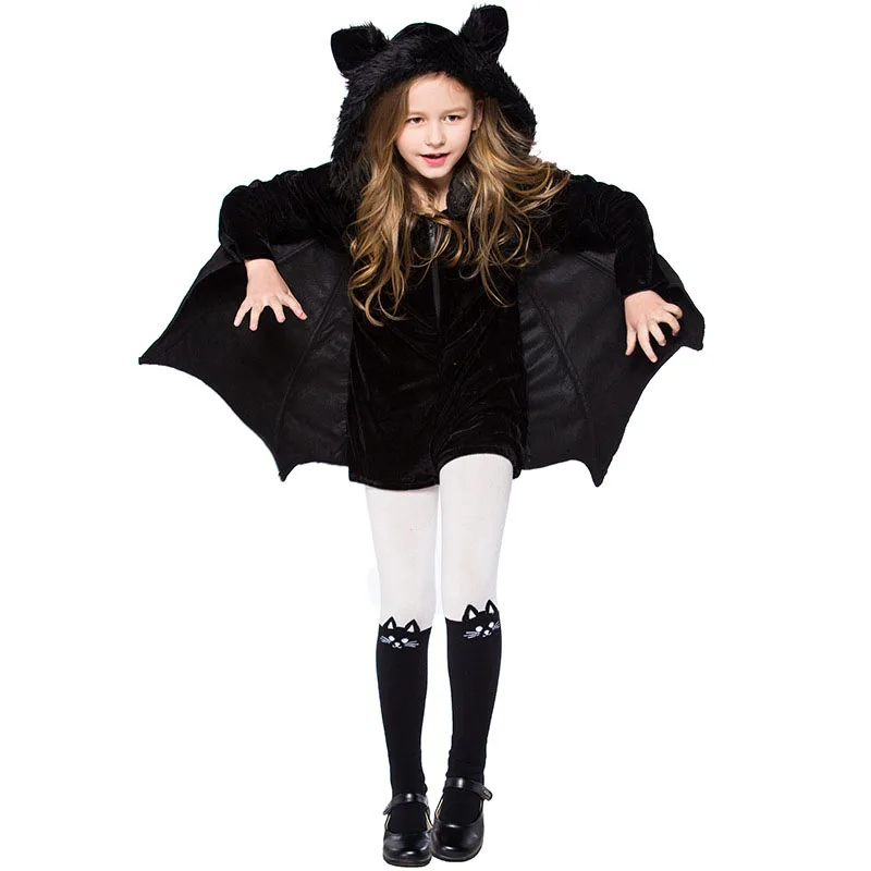 От 4 до 12 лет Детский костюм для девочек с принтом «летучая мышь» комбинезон с капюшоном на Хэллоуин, маскарадный костюм с крыльями, Чулки с ушками для девочек-подростков